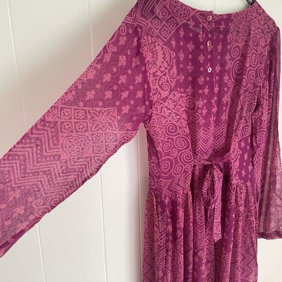Vintage 70s Adini India Boho Midi Dress Purple Geometric Print Sheer Rayon NWT - Picture 11 of 11